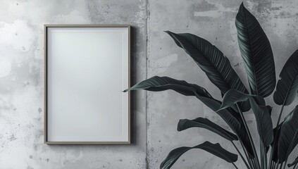 Blank picture frame for photographs, art, graphics with Leaves. Frame mockup template on the background texture. 3D rendering