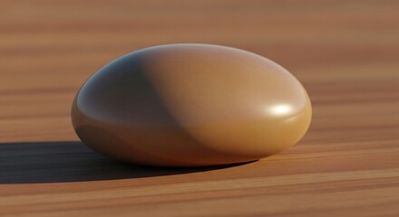 Smooth oval stone rendered with a glossy finish against a wood grain background