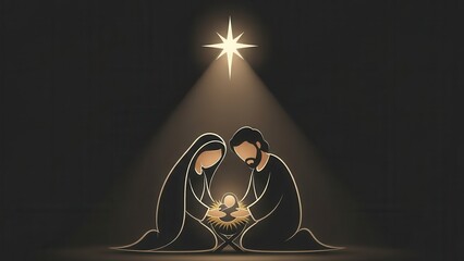 Minimalist nativity scene with Mary, Joseph and baby Jesus under Bethlehem star, Christian Christmas illustration about faith, hope and holy night.
