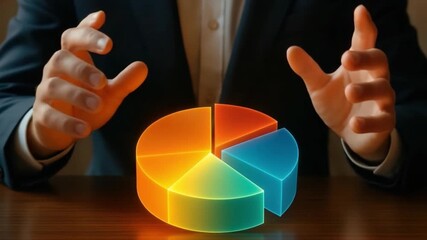 Businessman hands hovering over colorful glowing 3D pie chart on wooden table showcasing finance data visualization and financial analysis with vibrant segments and glowing business statistics - Powered by Adobe