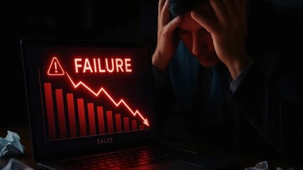 Failure sales graph on laptop screen showing stressed businessman in dark office facing financial crisis and business decline with intense stress and financial loss impact - Powered by Adobe