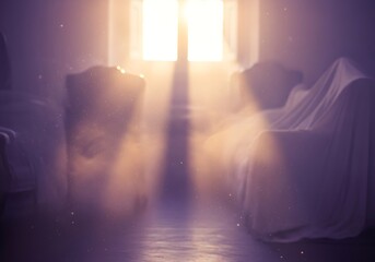 Sunlit sanctuary furniture hidden beneath sheets, ethereal calm ambiance