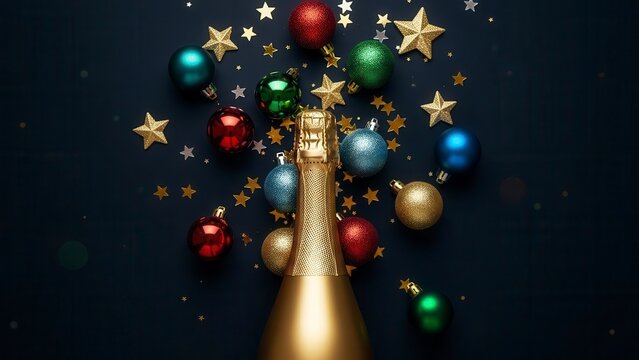 Christmas champagne bottle with colorful baubles and golden confetti explosion on dark background, festive New Year party celebration concept.