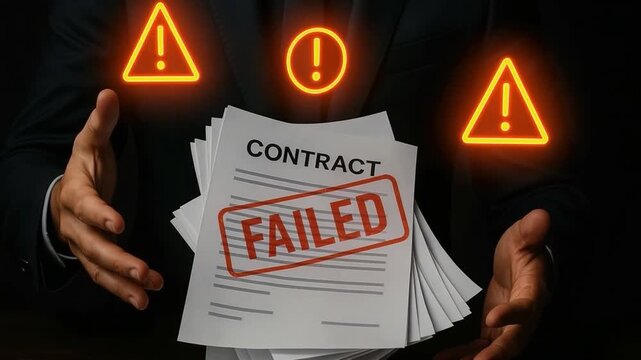 Contract failed document alert with warning signs and hands in dark background showing business failure and rejection concepts with failure alert symbols