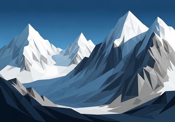 Fototapeta premium Geometric mountain range with snowy peaks against a clear blue sky