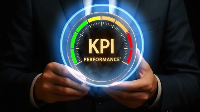KPI performance gauge meter with colorful digital measurement held by business suit hands showing evaluation success progress and efficiency for business productivity improvement