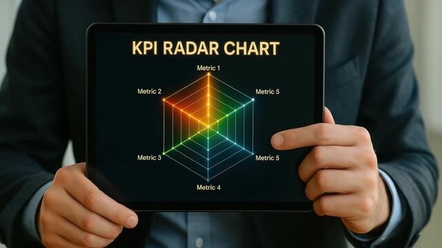 KPI radar chart displayed on digital tablet showing colorful data visualization with performance metrics and grid lines for business analysis using advanced technology and metric insights