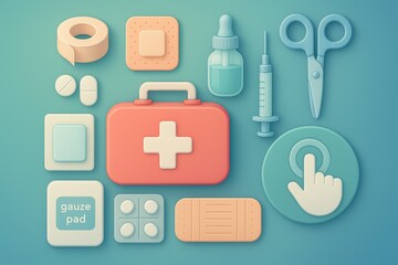 First aid kit medical supplies represented in a colorful flat design style featuring gauze pad adhesive bandage scissors and syringe reflecting health and safety essentials