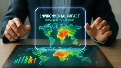 Environmental impact sustainability hotspots highlighted digital world map with heat zones showing global ecological concerns and data analysis futuristic touchscreen interface for business technology - Powered by Adobe