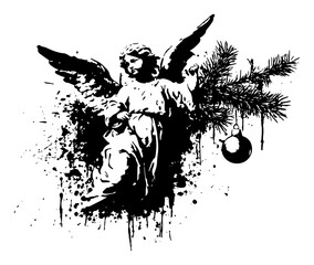 Obraz premium Christmas angel statue silhouette with pine branches and hanging bauble ornament Grunge distressed vector illustration
