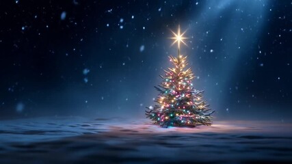 Magical Christmas tree adorned with colorful lights and a glowing star under falling snow at night, festive winter holiday background. - Powered by Adobe