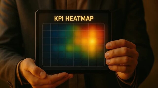 KPI heatmap on digital tablet showing colorful gradient data visualization with warm and cool tones for business analytics, performance metrics, technology driven data analysis and business insights
