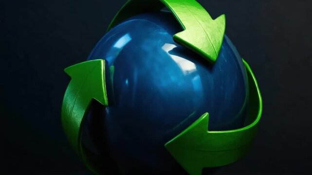 Recycling symbol with green arrows wrapped around blue globe on dark background representing circular sustainability and eco friendly environment efforts to protect planet and promote green globe