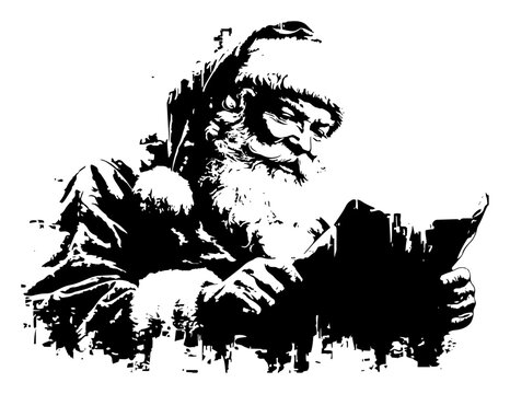 Santa Claus reading naughty or nice list letter holding paper Christmas holiday grunge vector illustration