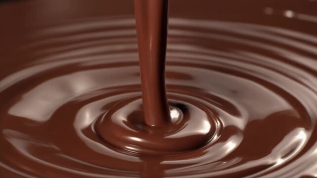 A slow-motion shot of rich, liquid melted chocolate being poured, creating a dramatic, symmetrical splash and ripple effect in the pool of chocolate.