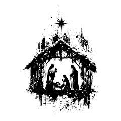 Obraz premium nativity scene with holy family in stable and bethlehem star black and white grunge ink splatter vector illustration