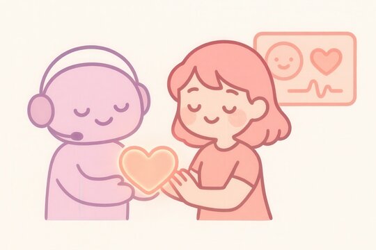 Emotional connection between digital companion and human through symbolic heart interaction, illustrating themes of empathy and technology in human relationships
