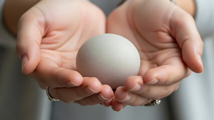 Woman's Gentle Hands Protecting a Smooth, White, Round Object Carefully