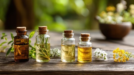 Beautiful Display of Essential Oils on a Wooden Table With Herbs in the Background, Perfect for Aromatherapy Creations