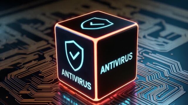 Antivirus protection concept featuring glowing cube with shield and checkmark on digital circuit board background symbolizing advanced cybersecurity computer safety technology and digital shield