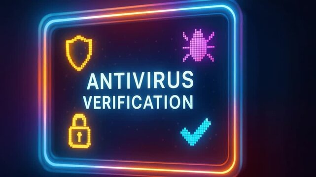 Antivirus verification concept featuring neon digital shield, lock, bug, and checkmark glowing on dark background, symbolizing cybersecurity protection and advanced digital security measures