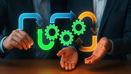 Business process workflow automation with glowing arrows and gears, hands presenting teamwork and strategy visualization, colorful arrows and gear symbolizing process flow and collaboration - Powered by Adobe