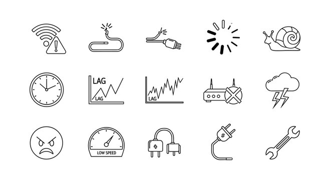 Outline internet connection icons: slow speed, lag, network issues