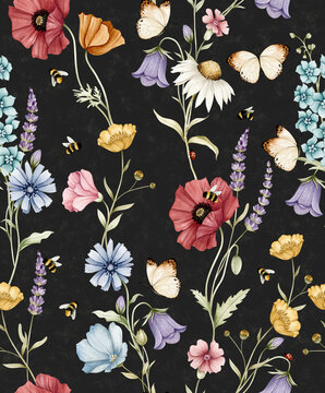 Watercolor seamless wildflower meadow pattern on dark black background with lavender, poppy, bellflower, daisy, butterflies, for home decor, luxury packaging design, wedding invitations, and cards