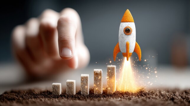 Finger touching glowing rocket outline sparking into flight over dark soil. Close-up hand interaction with digital spark, miniature rocket silhouette formed