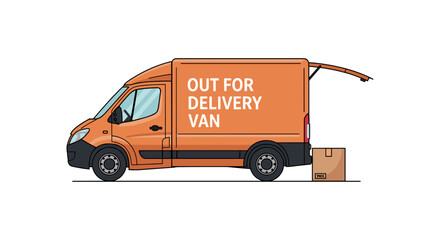Orange delivery van with open back door and package on ground in minimalist style
