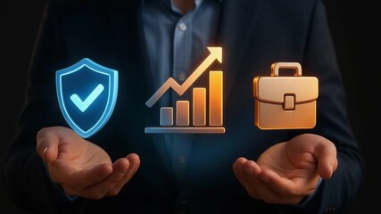Business growth security briefcase hands success protection finance investment data chart upward trend digital technology business concept businessman financial growth shield check mark glowing - Powered by Adobe