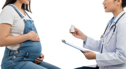 Pregnant woman in denim overalls sits with doctor holding pill bottle and clipboard isolate pregnancy
