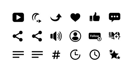 Simple black icon set with social media, audio, and user symbols for web design