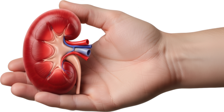 Human hand holding a realistic 3D render of a human kidney with visible blood vessels isolate Anatomy