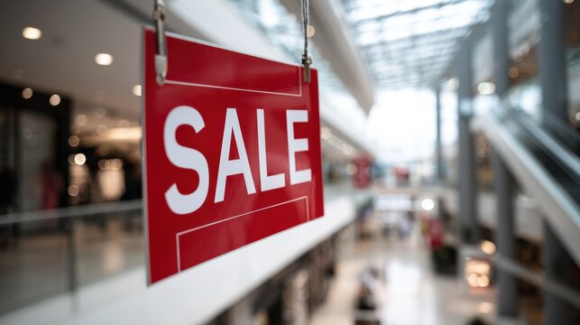 red sale sign hanging in mall, festive tinsel and round ornaments, blurred upper concourse and glass skylight, promotional mood with urgent discount messaging