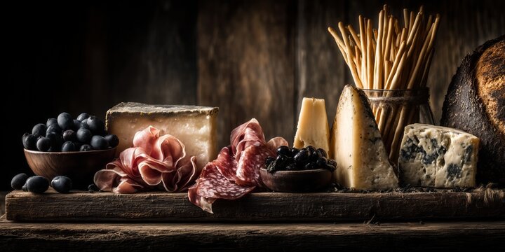 A rustic wooden board displays cured meats, cheeses, grapes, and breadsticks, embodying gourmet indulgence and artisanal charm. The image captures richness, variety, and culinary delight.
