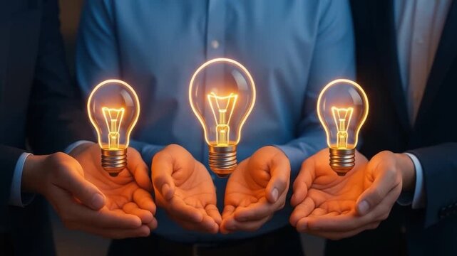 Three hands holding glowing light bulb symbolizing innovation creativity teamwork energy and bright idea technology in business environment with collaboration and human power solution success