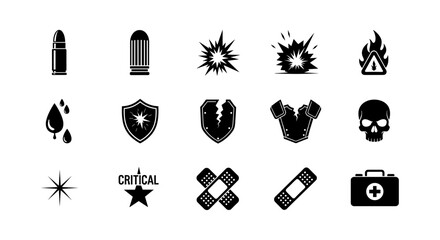 Black icon set: bullets, explosions, safety symbols in silhouette style