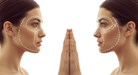 Profile view of a woman's face with dotted lines indicating surgical areas reflected in hands Surgery transparent background