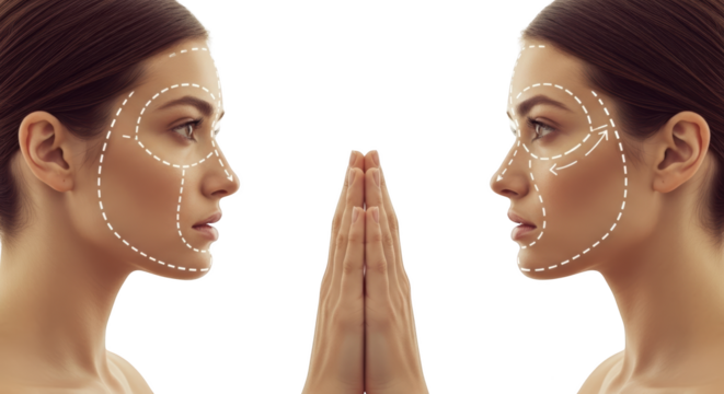 Profile view of a woman's face with dotted lines indicating surgical areas reflected in hands Surgery transparent background