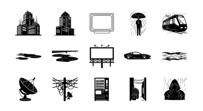 Urban silhouettes collection: cityscape, transport, and technology icons