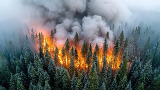 Snow-dusted conifer forest ablaze with smoke and flames, dense gray plume rising into cold sky, fiery front consuming underbrush and lower canopy, glowing