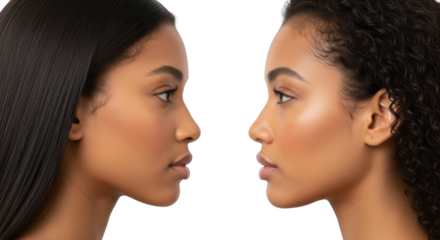 Side profile of two young women one with straight dark hair the other with curly dark hair facing each other transparent background