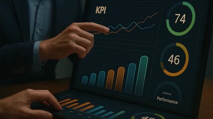 Business analytics dashboard displaying KPI and performance metrics with bar and line charts on laptop and digital screen featuring data visualization of business growth and strategy metrics - Powered by Adobe
