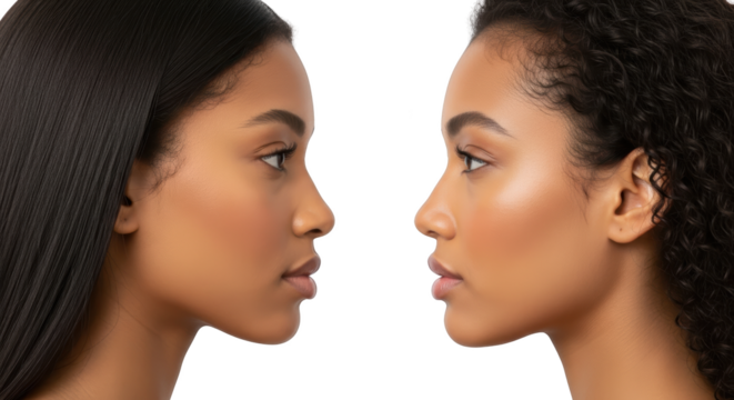 Side profile of two young women one with straight dark hair the other with curly dark hair facing each other transparent background