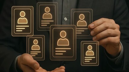 Human resource recruitment and employee selection with digital profile floating above hands, showcasing business concept, technology, virtual interface, person icon, and data management - Powered by Adobe