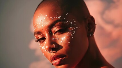 African American woman with bald head and sparkling facial dots smiling in orange cloudy background. Expressive portrait sequence evoking autumn beauty and ethereal cloud technology innovation. video