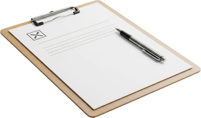 Clipboard with blank paper a pen and a checked box symbol isolate writing checklist survey form document