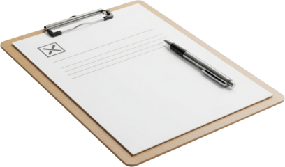 Clipboard with blank paper a pen and a checked box symbol isolate writing checklist survey form document