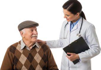 A smiling female doctor places a hand on an elderly male patient's shoulder while holding a clipboard transparent background